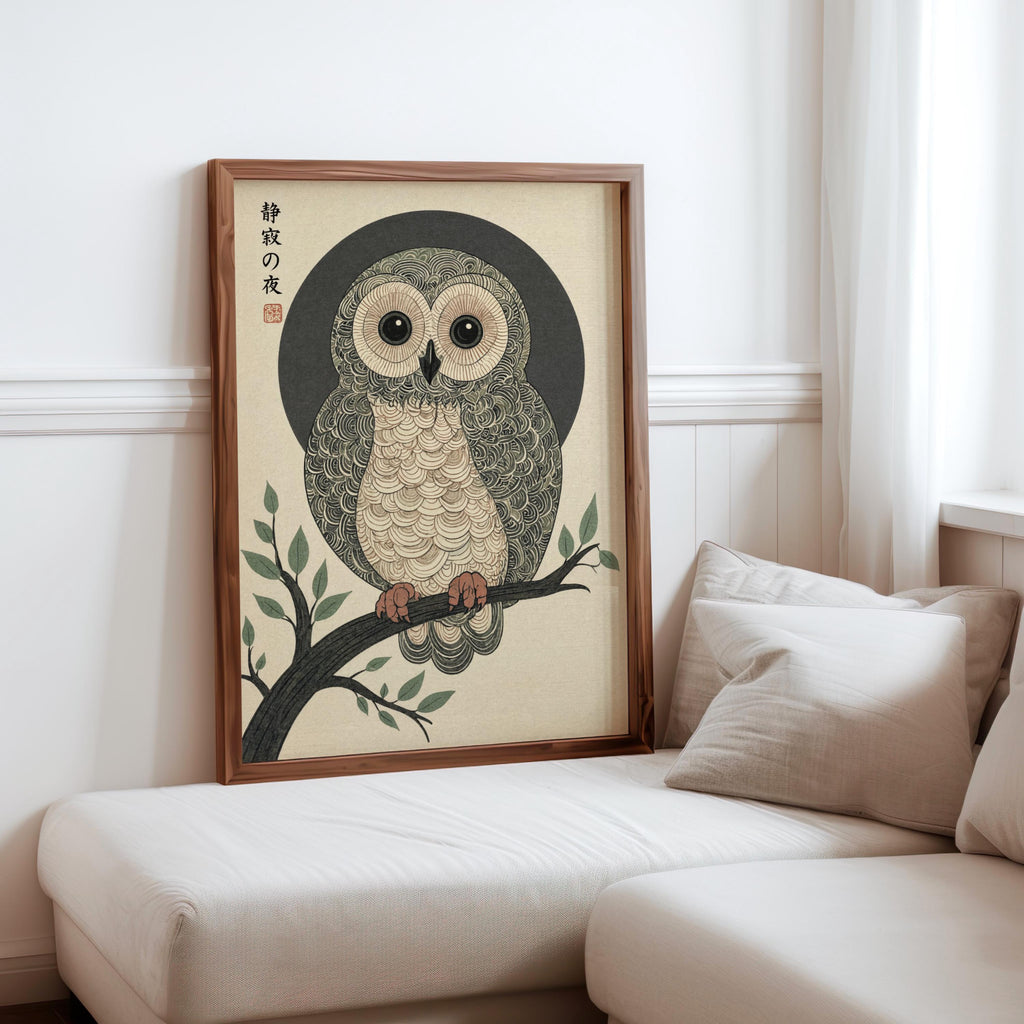Japanese Owl Woodblock Print, Ukiyo-e Bird Nature Poster, Japandi Zen Wildlife Art