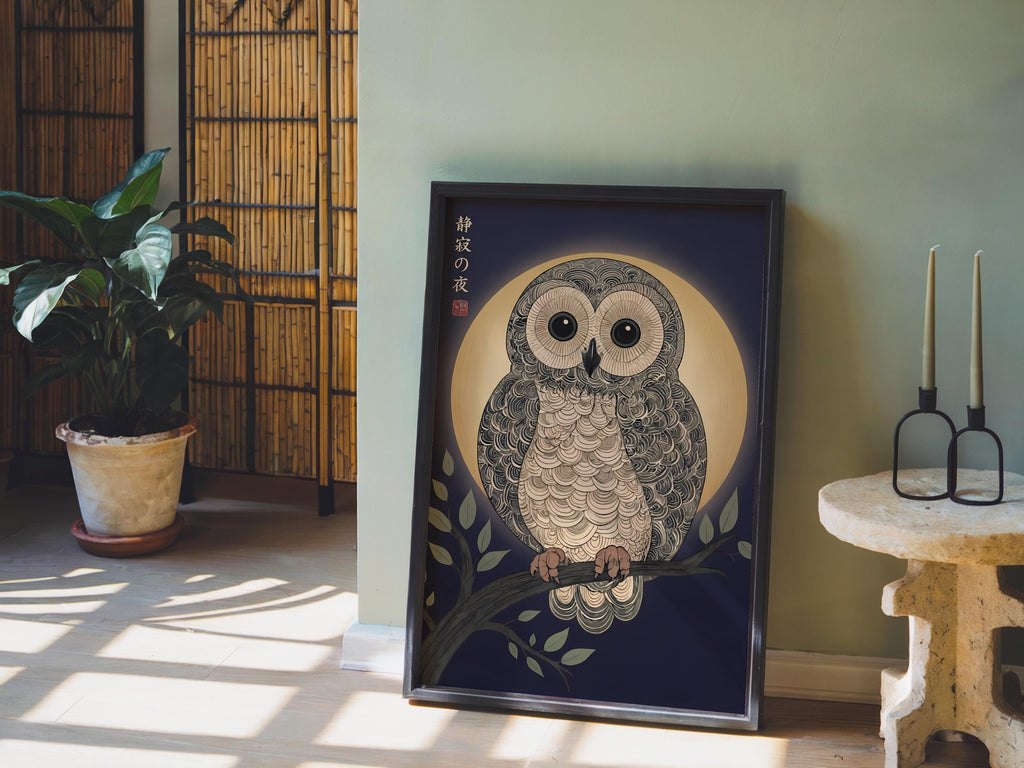 Japanese Owl Woodblock Print, Ukiyo-e Bird Nature Poster, Japandi Zen Wildlife Art