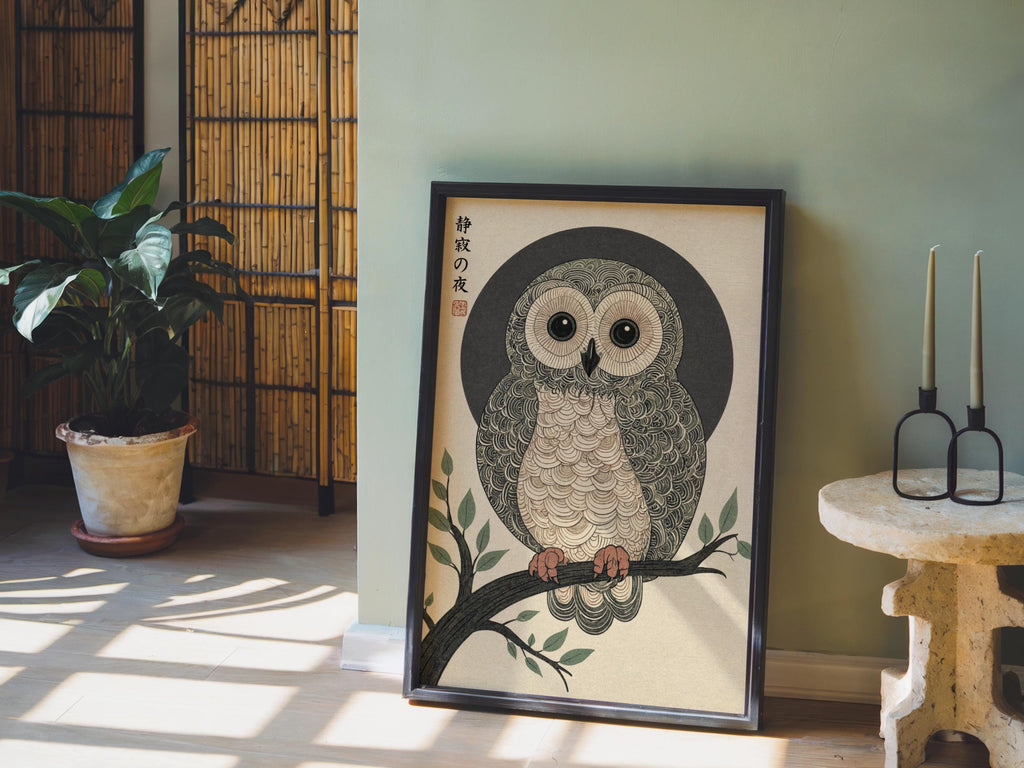 Japanese Owl Woodblock Print, Ukiyo-e Bird Nature Poster, Japandi Zen Wildlife Art