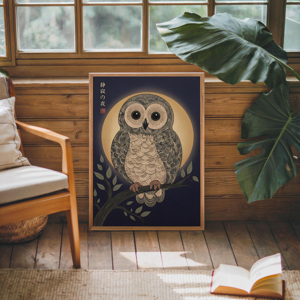 Japanese Owl Woodblock Print, Ukiyo-e Bird Nature Poster, Japandi Zen Wildlife Art