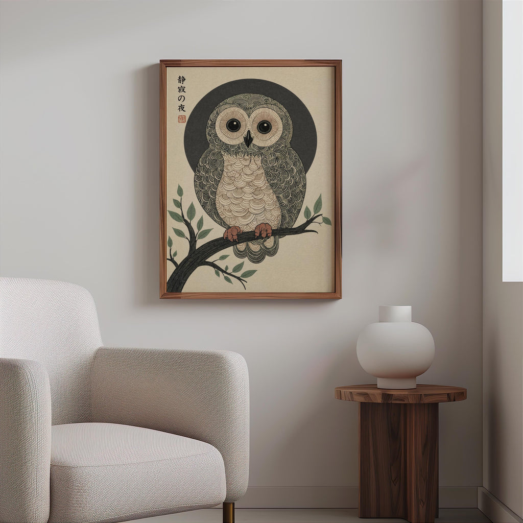 Japanese Owl Woodblock Print, Ukiyo-e Bird Nature Poster, Japandi Zen Wildlife Art