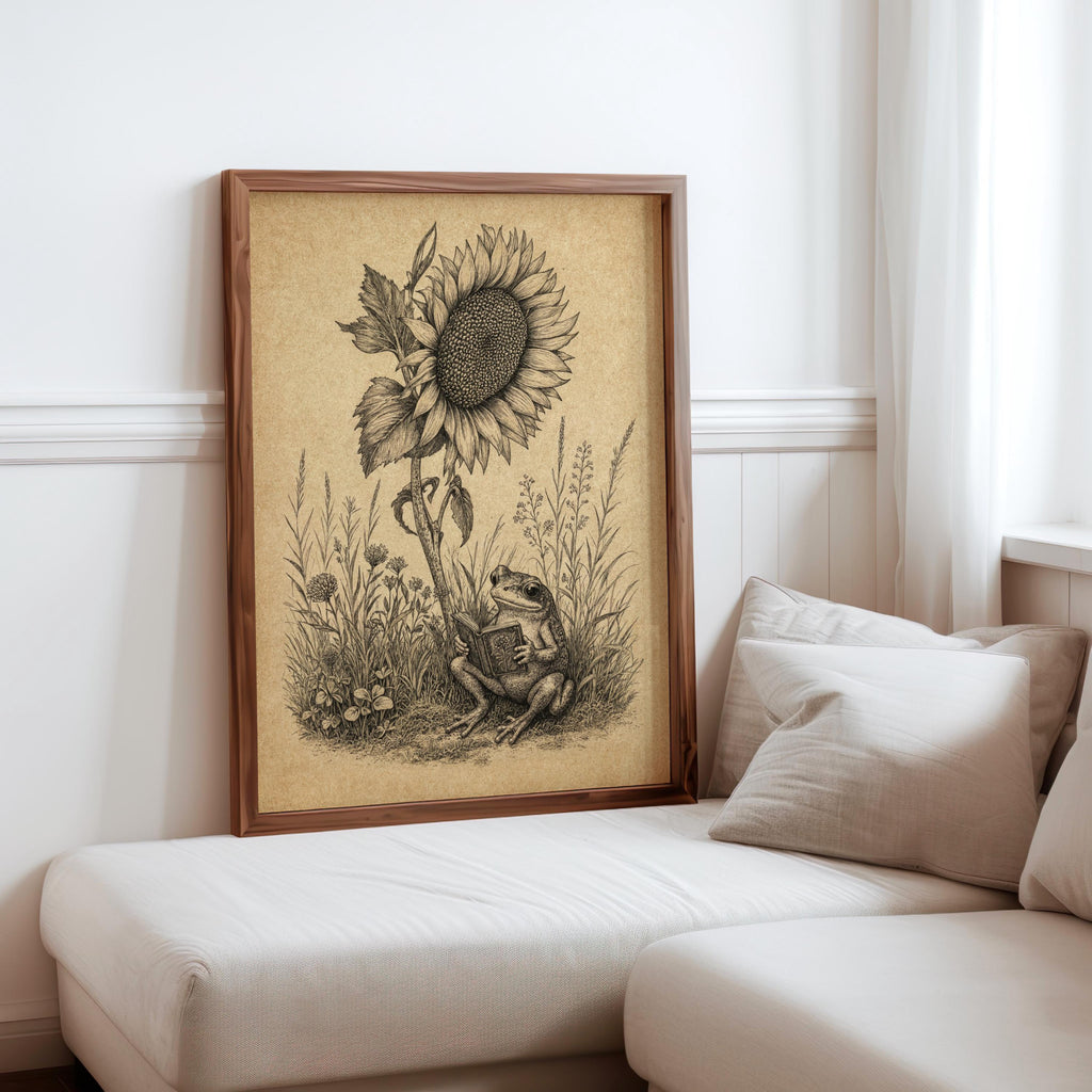 Frog Reading Book Art, Vintage Sunflower Botanical Print, Whimsical Literary Woodland Nursery Decor