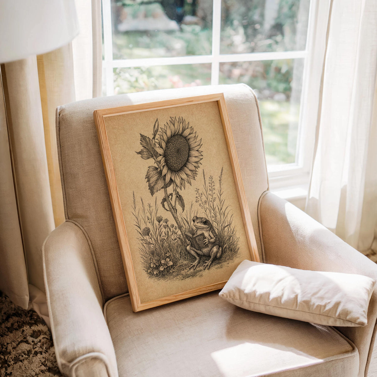 Frog Reading Book Art, Vintage Sunflower Botanical Print, Whimsical Literary Woodland Nursery Decor