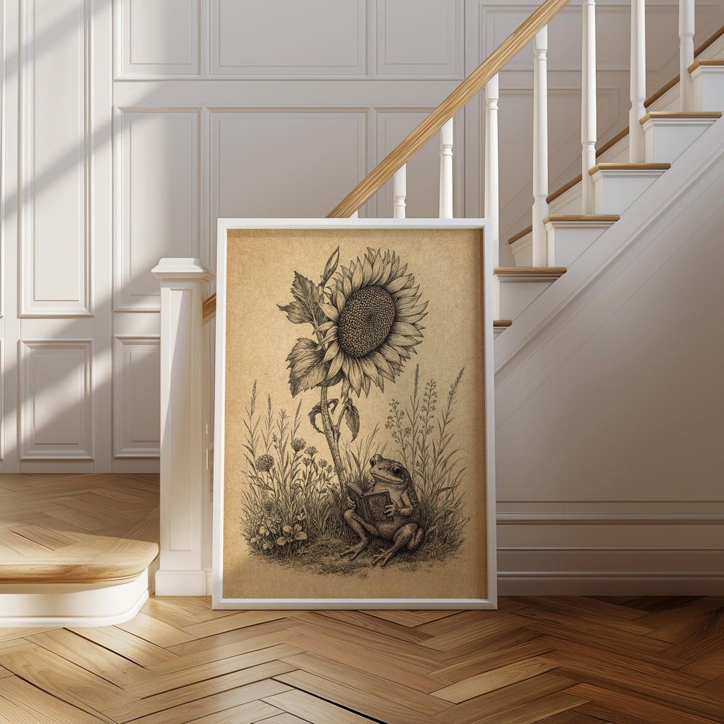 Frog Reading Book Art, Vintage Sunflower Botanical Print, Whimsical Literary Woodland Nursery Decor