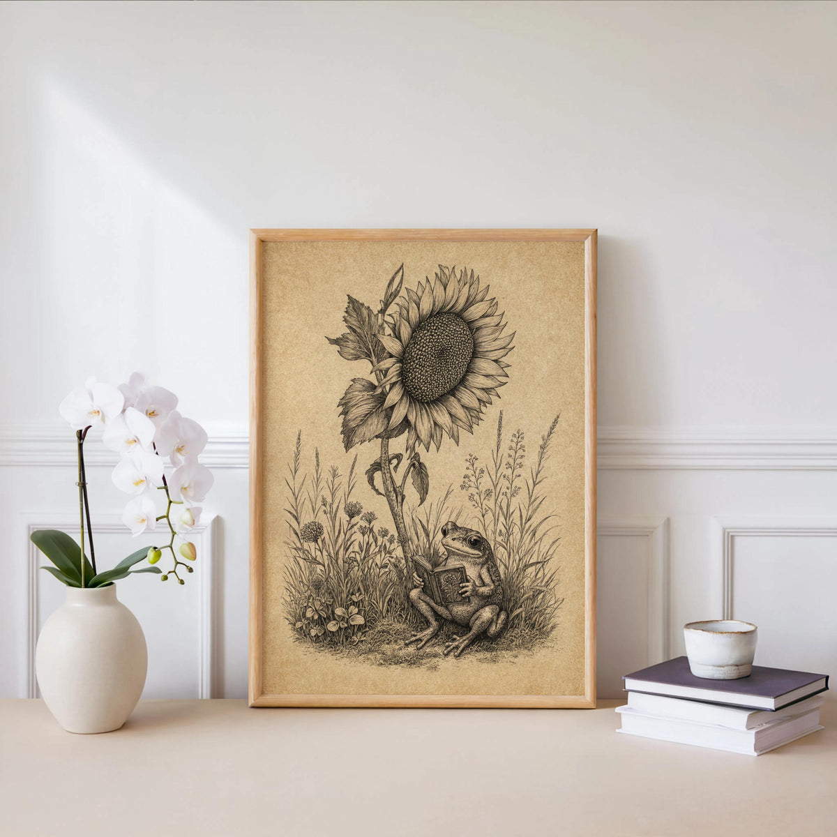 Frog Reading Book Art, Vintage Sunflower Botanical Print, Whimsical Literary Woodland Nursery Decor