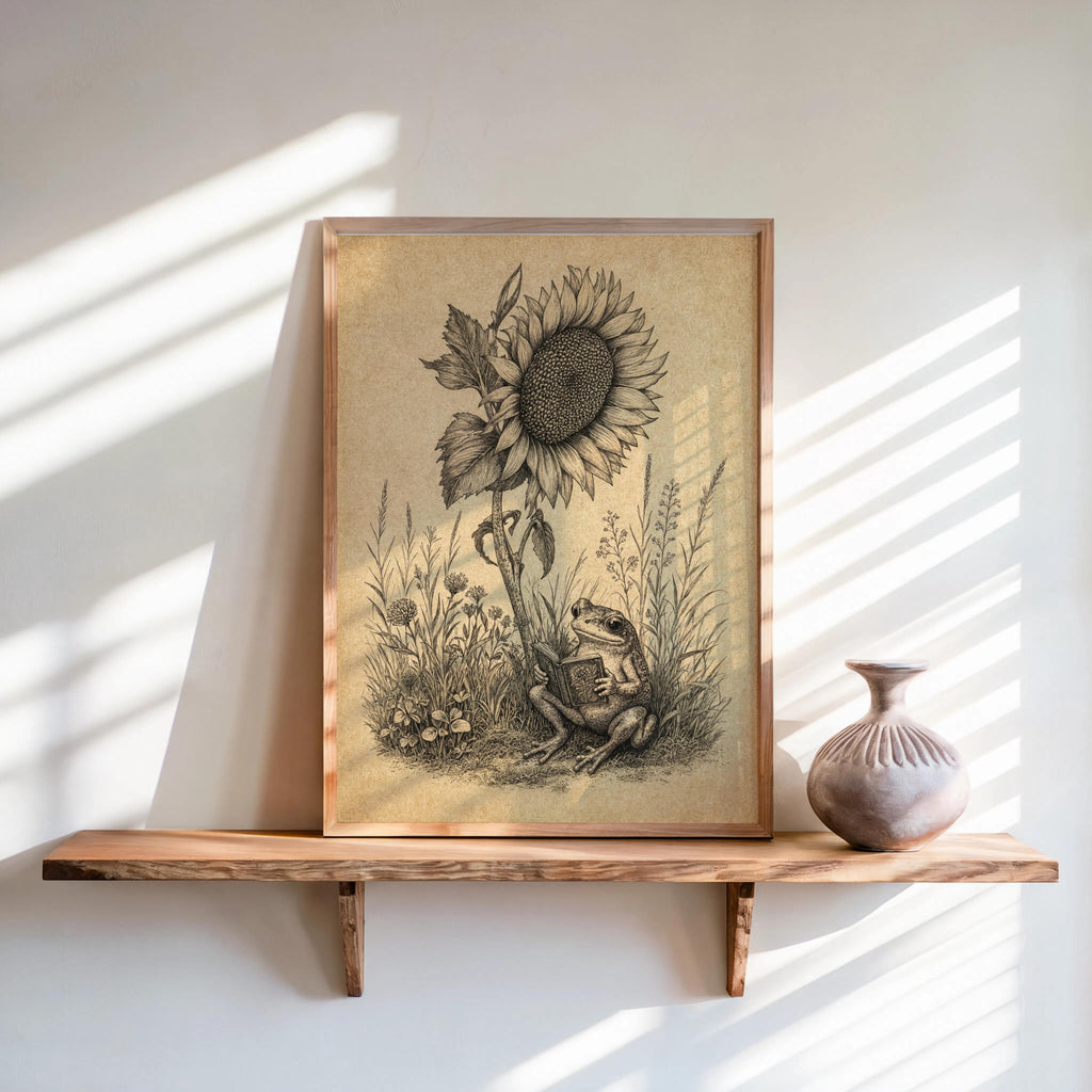Frog Reading Book Art, Vintage Sunflower Botanical Print, Whimsical Literary Woodland Nursery Decor