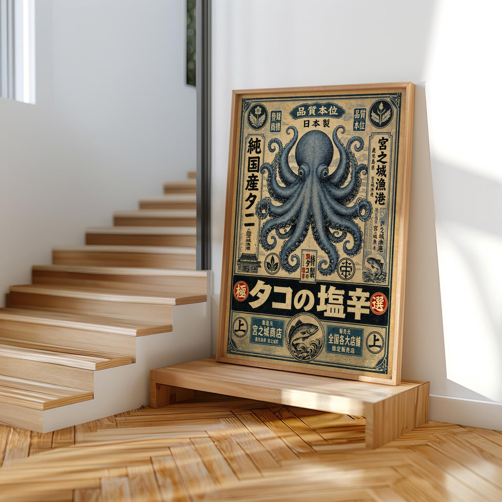 Retro Octopus Woodblock Print, Vintage Japanese Ad Poster, Eclectic Sea Monster Wall Art