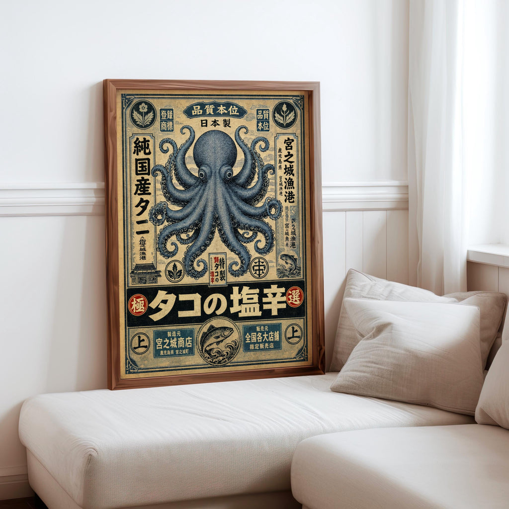 Retro Octopus Woodblock Print, Vintage Japanese Ad Poster, Eclectic Sea Monster Wall Art