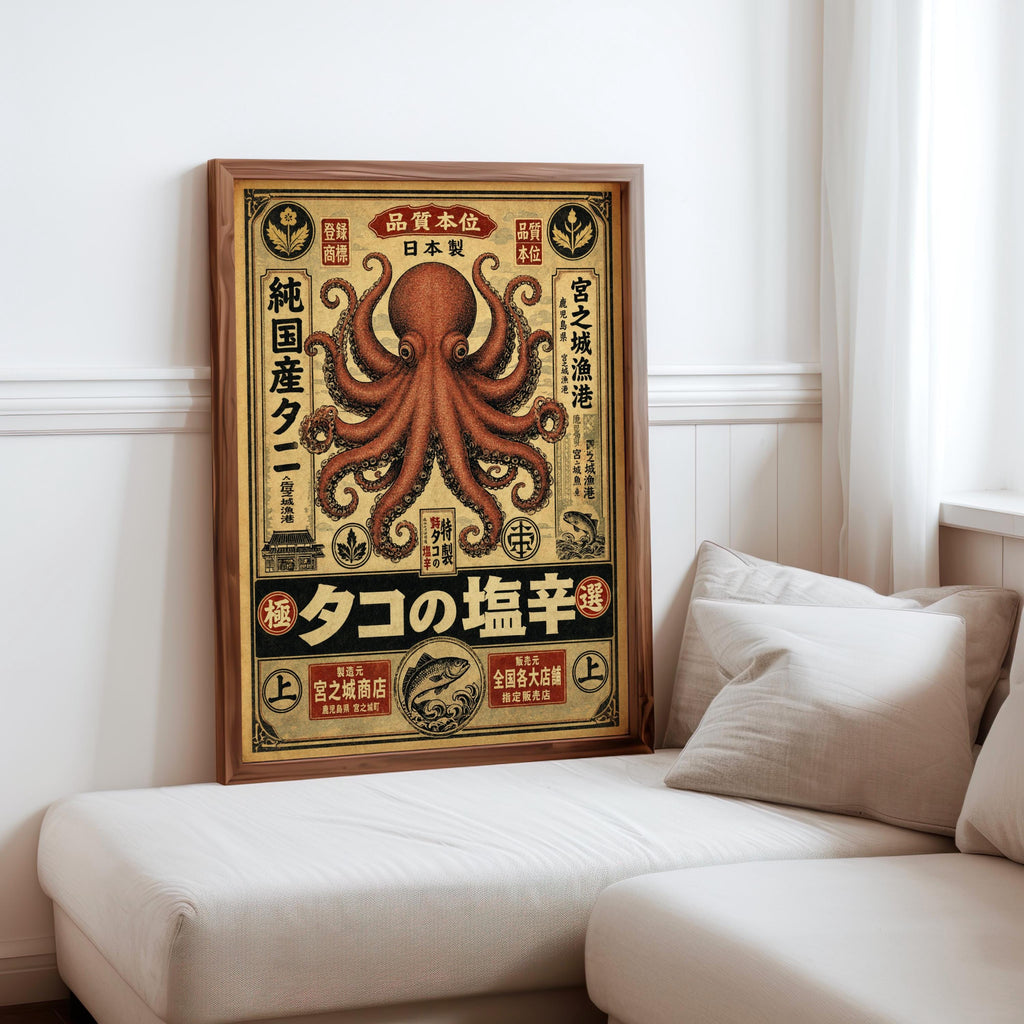 Retro Octopus Woodblock Print, Vintage Japanese Ad Poster, Eclectic Sea Monster Wall Art