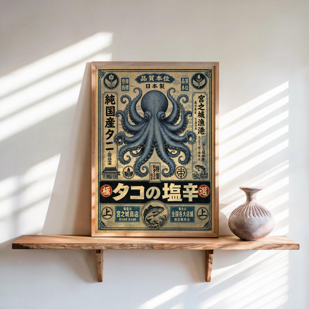 Retro Octopus Woodblock Print, Vintage Japanese Ad Poster, Eclectic Sea Monster Wall Art