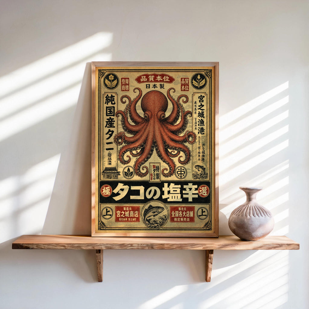 Retro Octopus Woodblock Print, Vintage Japanese Ad Poster, Eclectic Sea Monster Wall Art