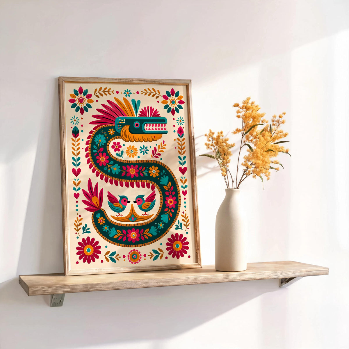 Vibrant Quetzalcoatl Feathered Serpent Folk Art Print - Colorful Aztec God Mexican Mythology Wall Decor, Printed Boho Cultural Poster