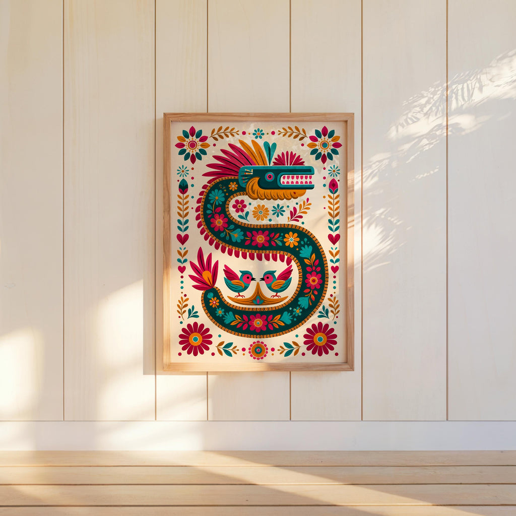 Vibrant Quetzalcoatl Feathered Serpent Folk Art Print - Colorful Aztec God Mexican Mythology Wall Decor, Printed Boho Cultural Poster