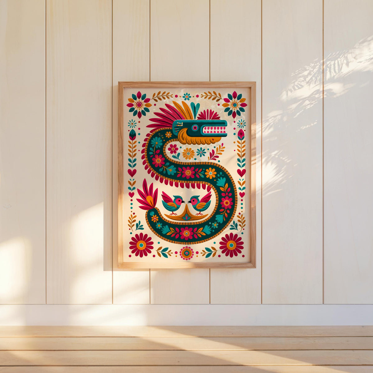 Vibrant Quetzalcoatl Feathered Serpent Folk Art Print - Colorful Aztec God Mexican Mythology Wall Decor, Printed Boho Cultural Poster