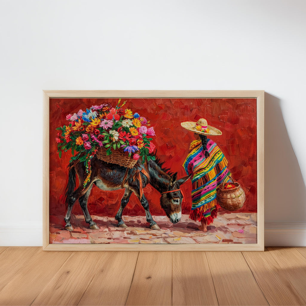 Mexican Floral Donkey Wall Art, Latina Flower Market Folk Art, Vibrant Cultural Serape Print, Mexico Decor, Colorful Latin American Painting