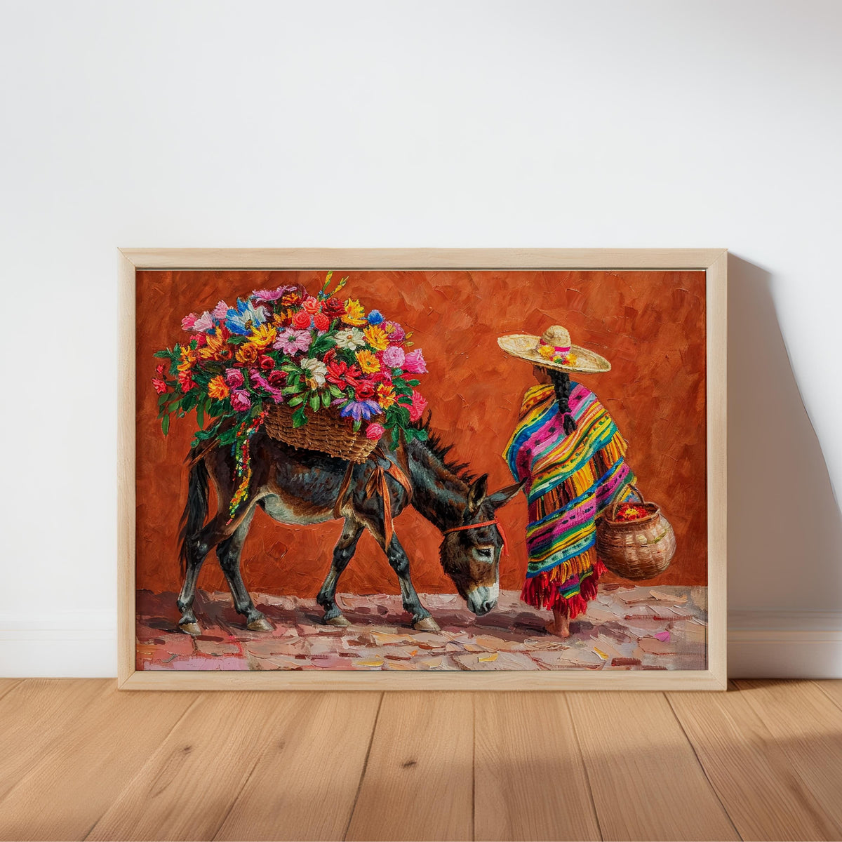 Mexican Floral Donkey Wall Art, Latina Flower Market Folk Art, Vibrant Cultural Serape Print, Mexico Decor, Colorful Latin American Painting