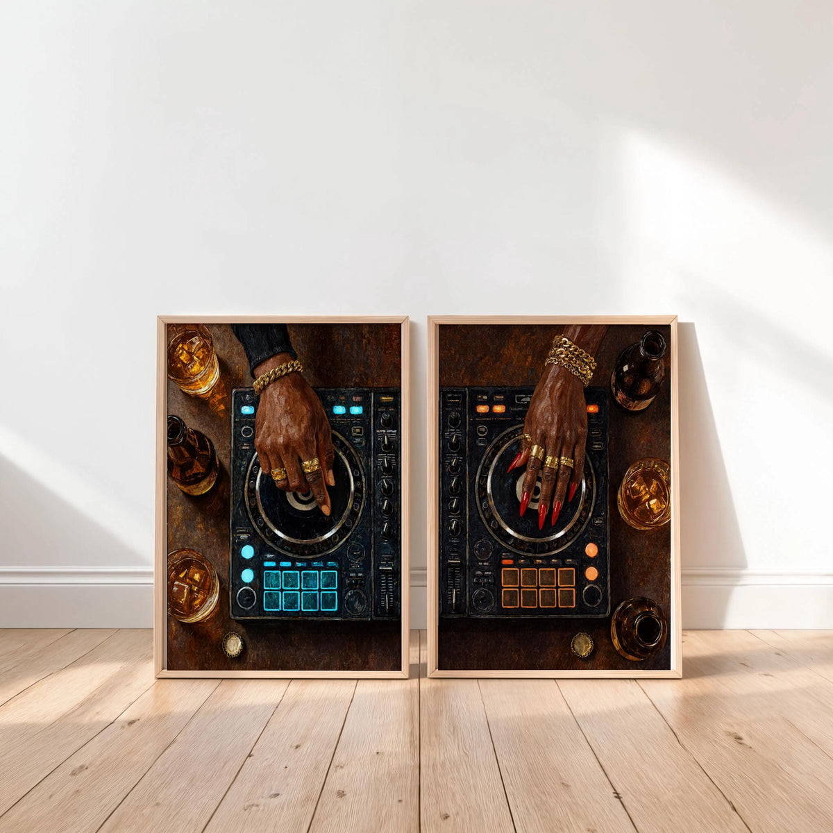 Black Culture DJ Turntable Art Set of 2, Modern Music Studio Print, Black Woman & Man DJ Decks Controller Poster, Urban Club Lover Gift