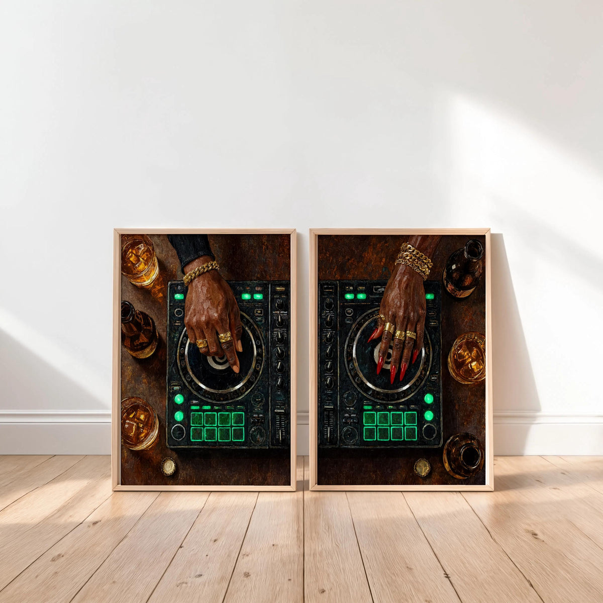 Black Culture DJ Turntable Art Set of 2, Modern Music Studio Print, Black Woman & Man DJ Decks Controller Poster, Urban Club Lover Gift
