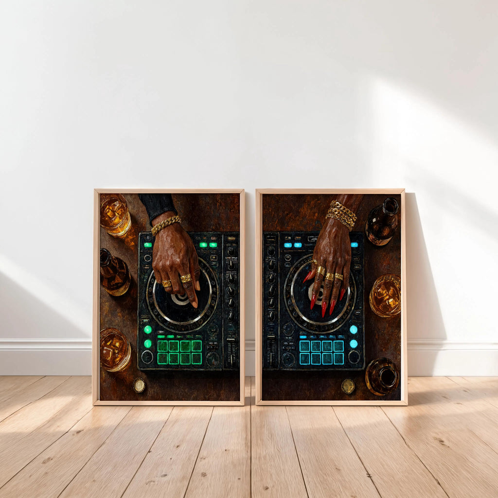 Black Culture DJ Turntable Art Set of 2, Modern Music Studio Print, Black Woman & Man DJ Decks Controller Poster, Urban Club Lover Gift