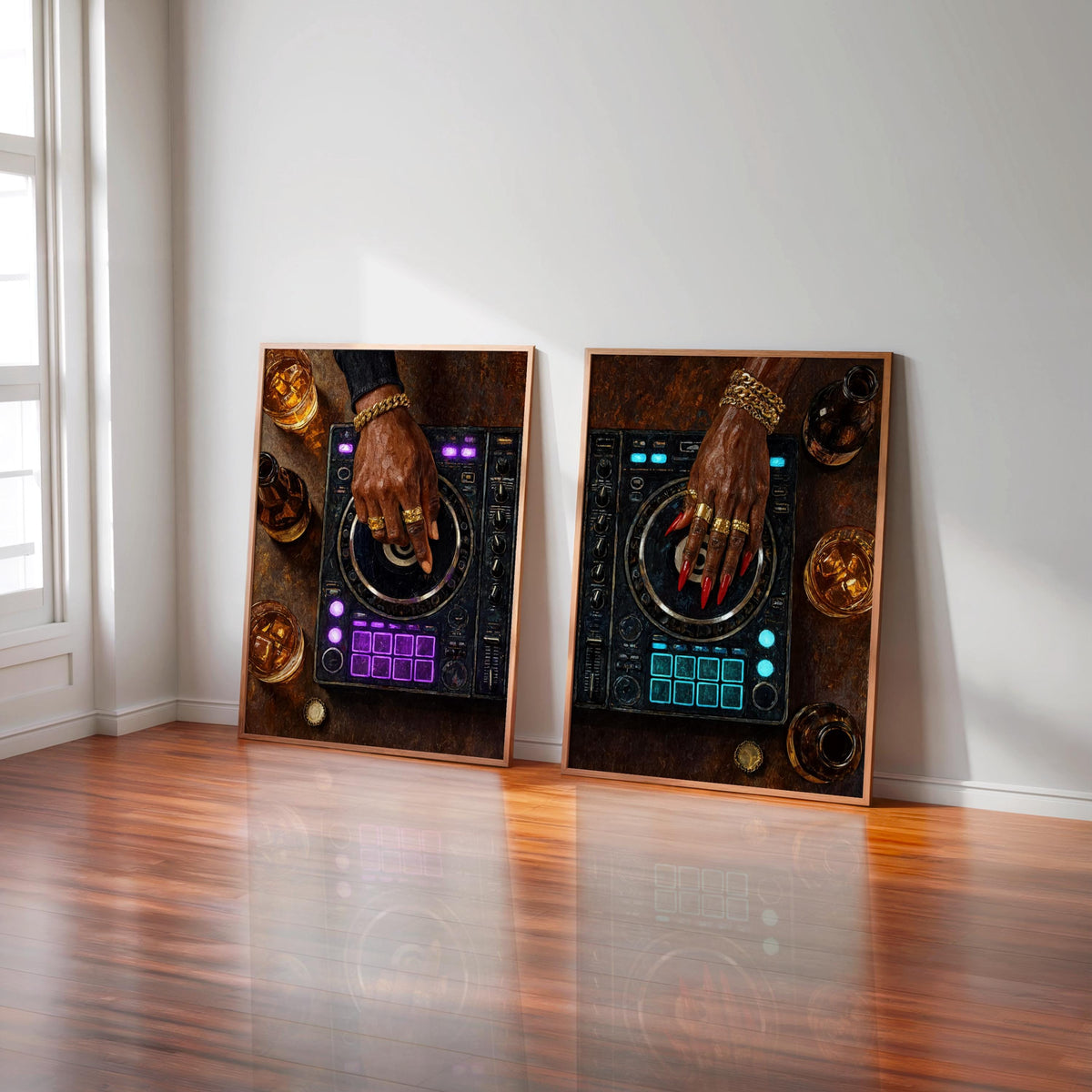 Black Culture DJ Turntable Art Set of 2, Modern Music Studio Print, Black Woman & Man DJ Decks Controller Poster, Urban Club Lover Gift