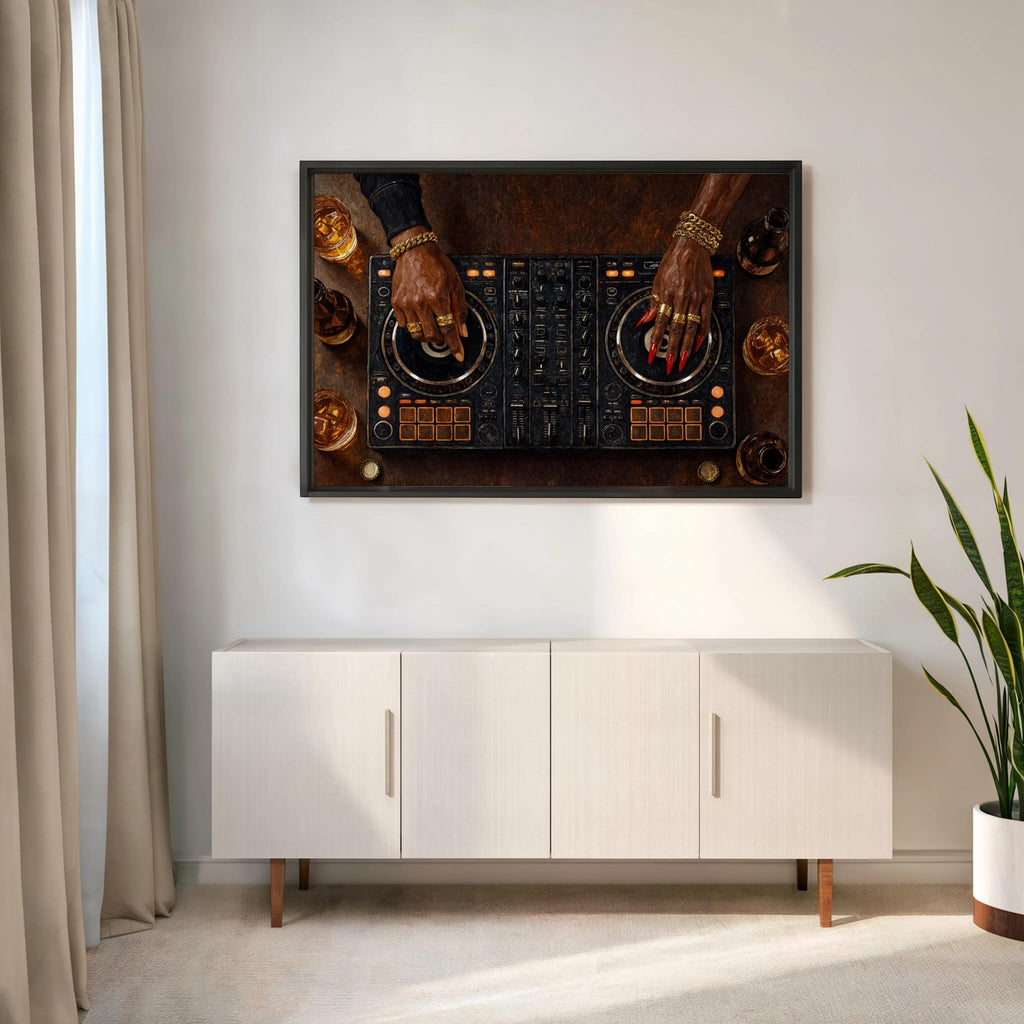 Black Woman & Man DJ Wall Art, Turntable Music Producer Print, Electronic Studio Decor, Nightclub Panel, Audiophile Poster, Music Room Sign