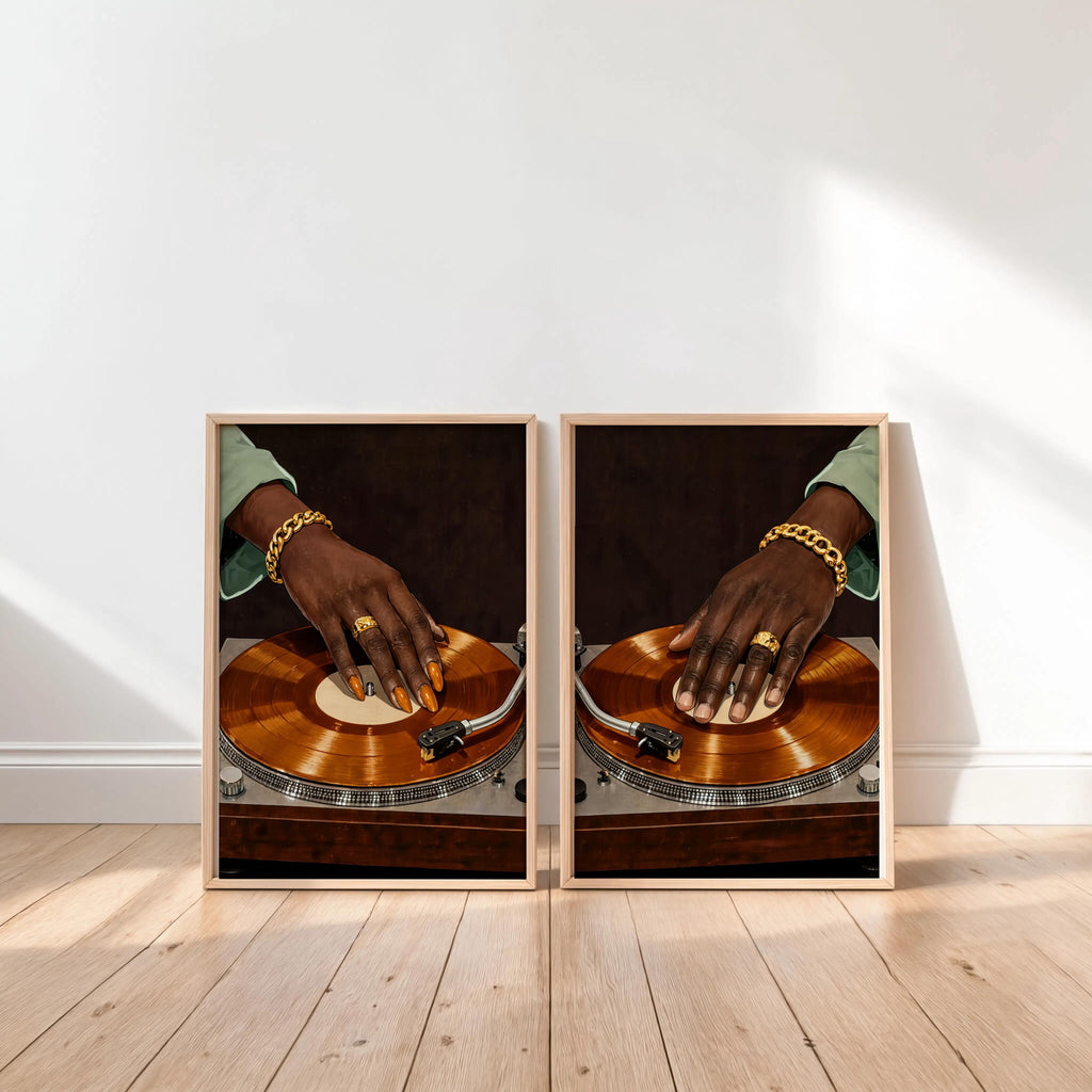 Vinyl Record Player Art Set of 2: Black Woman & Man Hands Print, Modern Music Studio Wall Art, Stylish Afrocentric African DJ Soul Poster
