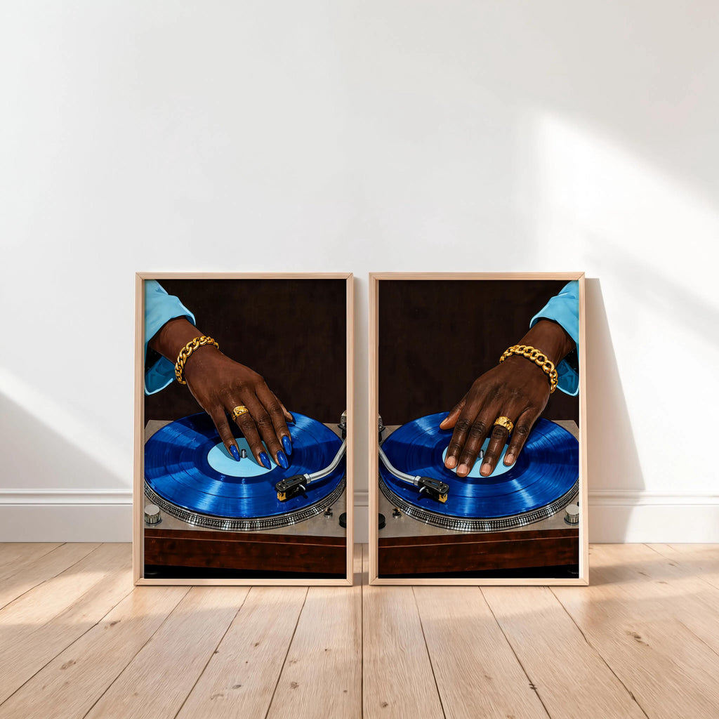 Vinyl Record Player Art Set of 2: Black Woman & Man Hands Print, Modern Music Studio Wall Art, Stylish Afrocentric African DJ Soul Poster