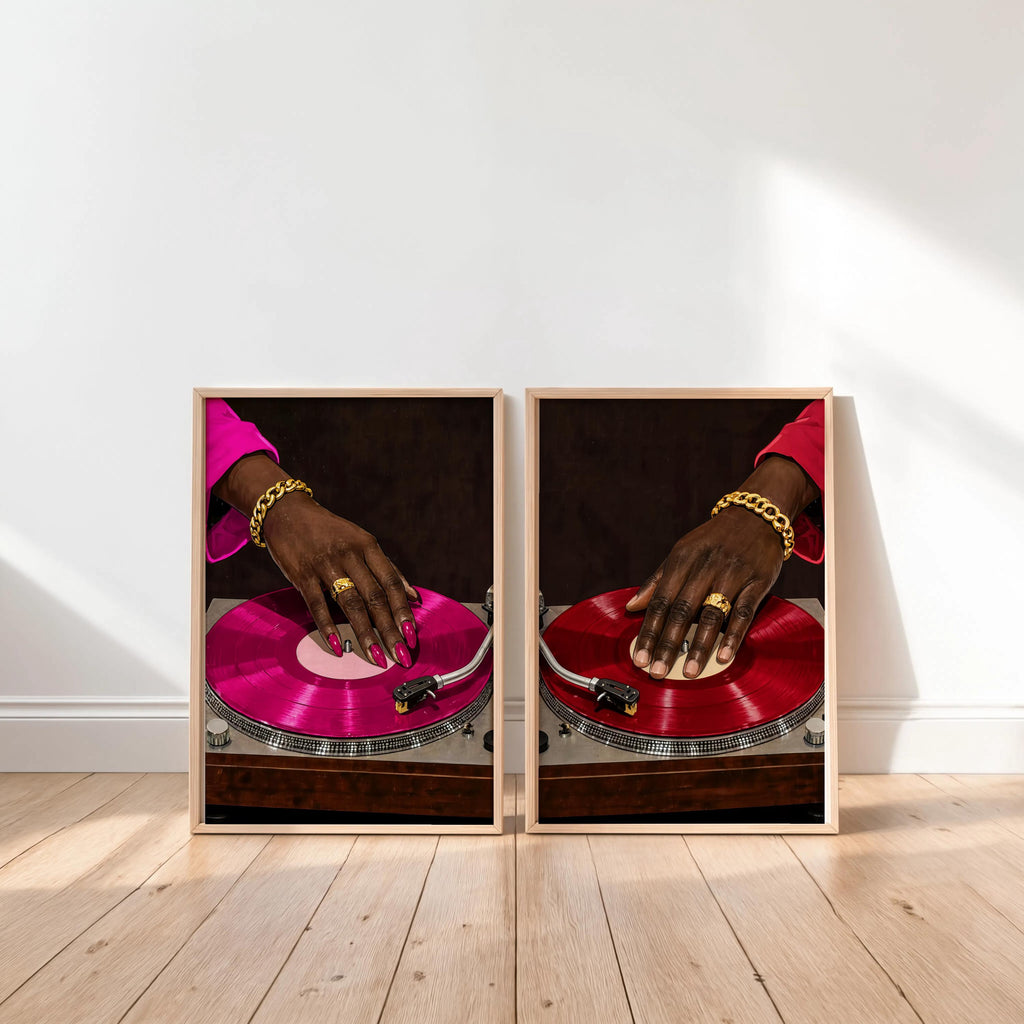 Vinyl Record Player Art Set of 2: Black Woman & Man Hands Print, Modern Music Studio Wall Art, Stylish Afrocentric African DJ Soul Poster