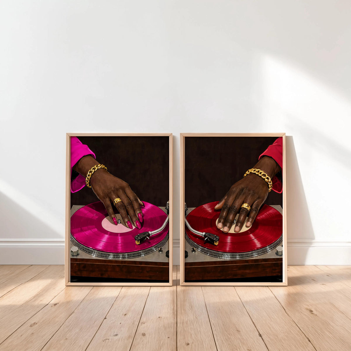 Vinyl Record Player Art Set of 2: Black Woman & Man Hands Print, Modern Music Studio Wall Art, Stylish Afrocentric African DJ Soul Poster
