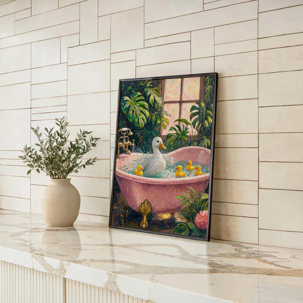 Rubber Duck Bath Tub Print, Whimsical Mallard & Rubber Duckies Painting, Playful Botanical Bathroom Decor, Funny Funky Animal Nursery Art