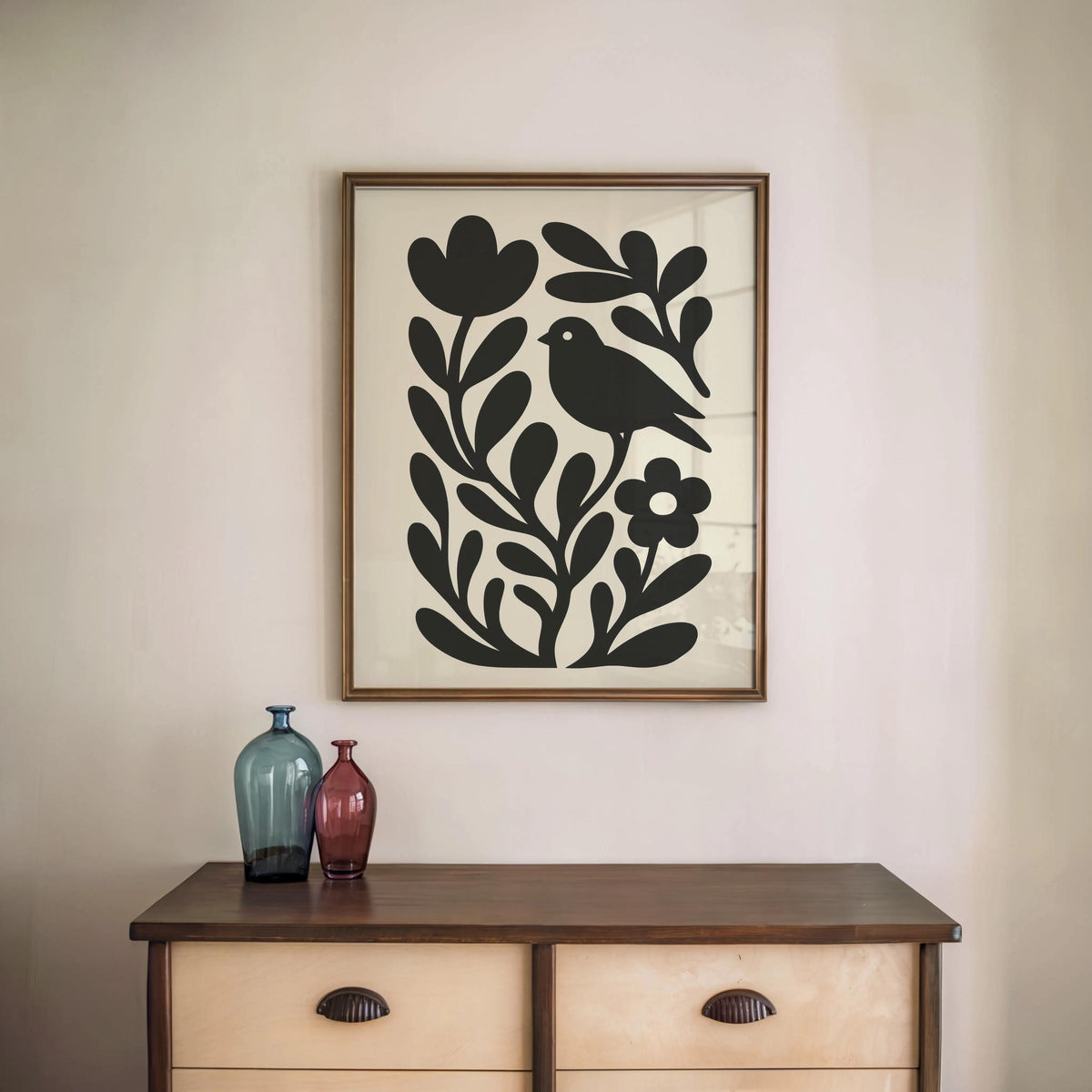 Moody Scandinavian Botanical Print, Beige Mid Century Wall Art, Floral & Birds Scandi Folk Art Decor, Organic Minimalist Illustration Motif