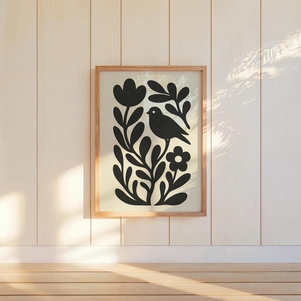 Moody Scandinavian Botanical Print, Beige Mid Century Wall Art, Floral & Birds Scandi Folk Art Decor, Organic Minimalist Illustration Motif