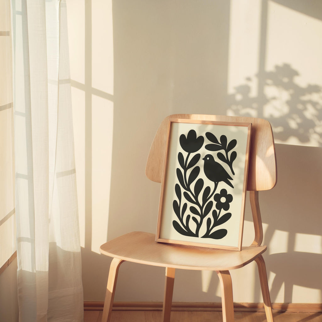 Moody Scandinavian Botanical Print, Beige Mid Century Wall Art, Floral & Birds Scandi Folk Art Decor, Organic Minimalist Illustration Motif