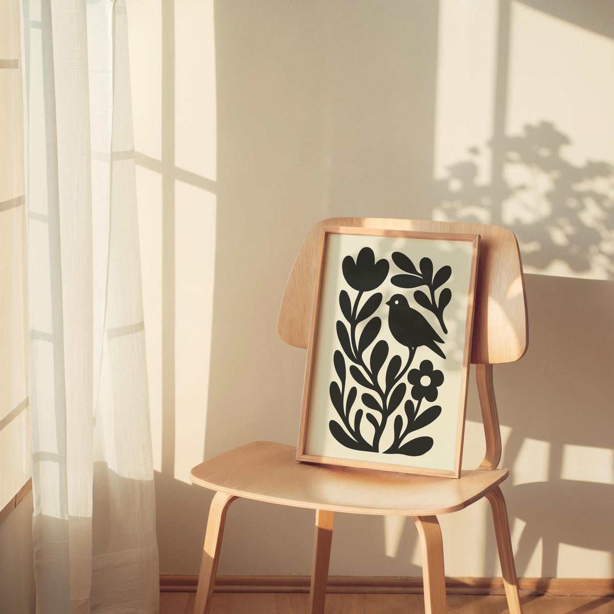 Moody Scandinavian Botanical Print, Beige Mid Century Wall Art, Floral & Birds Scandi Folk Art Decor, Organic Minimalist Illustration Motif