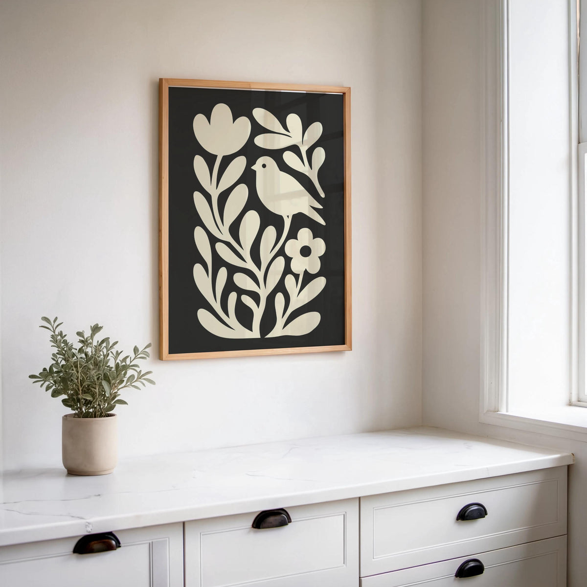 Moody Scandinavian Botanical Print, Beige Mid Century Wall Art, Floral & Birds Scandi Folk Art Decor, Organic Minimalist Illustration Motif