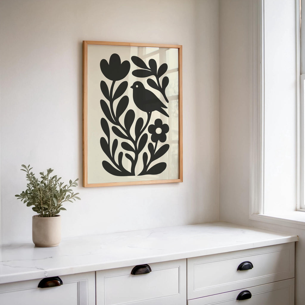 Moody Scandinavian Botanical Print, Beige Mid Century Wall Art, Floral & Birds Scandi Folk Art Decor, Organic Minimalist Illustration Motif
