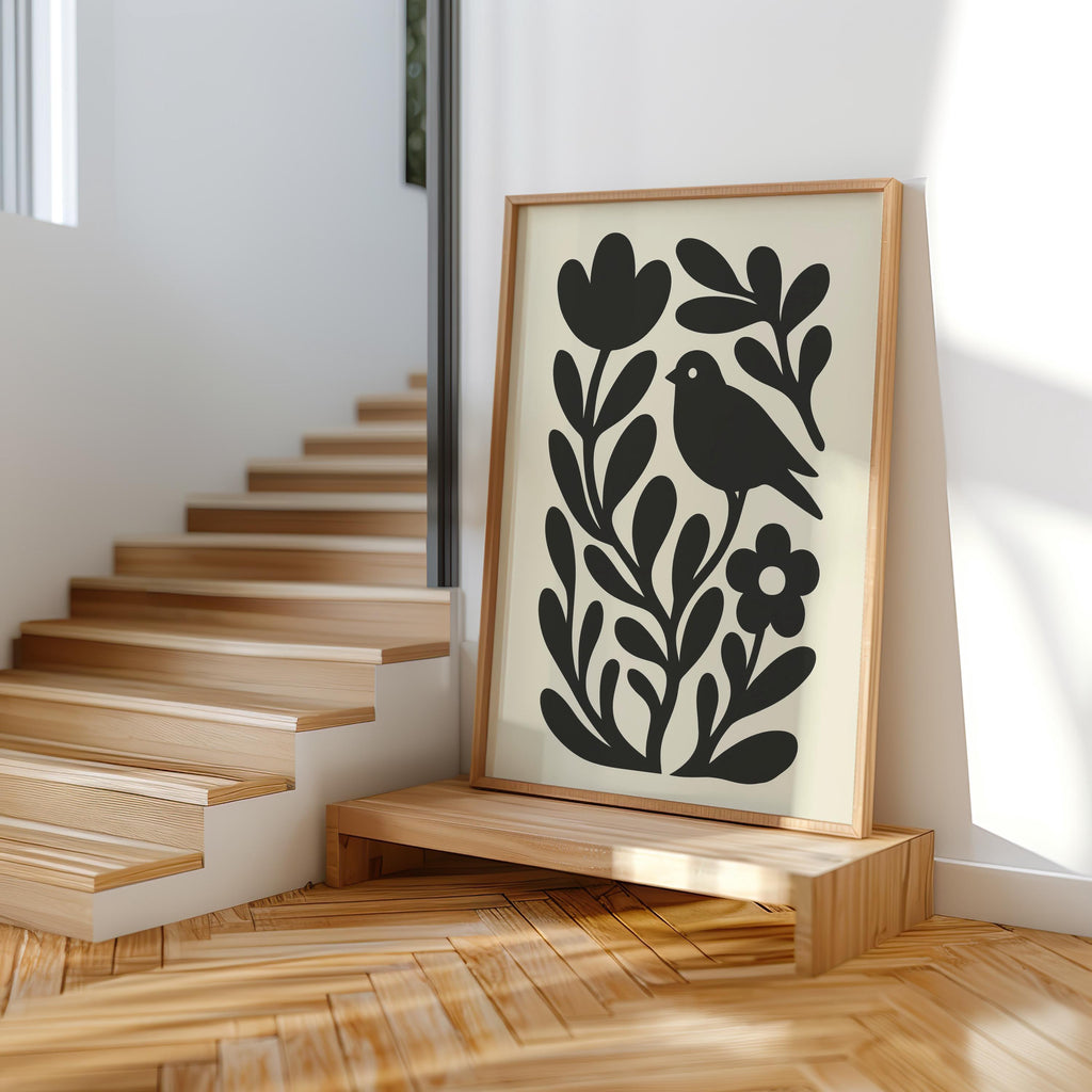 Moody Scandinavian Botanical Print, Beige Mid Century Wall Art, Floral & Birds Scandi Folk Art Decor, Organic Minimalist Illustration Motif