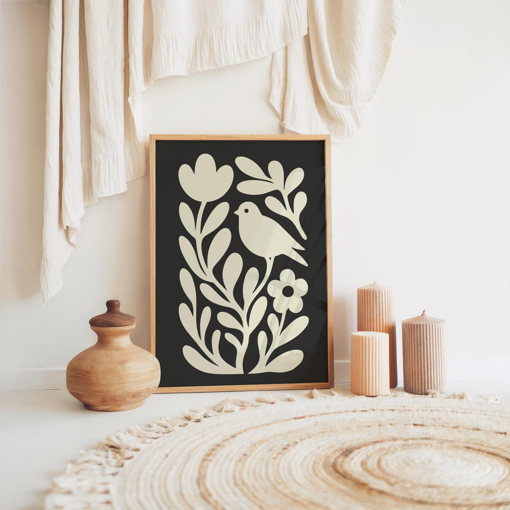 Moody Scandinavian Botanical Print, Beige Mid Century Wall Art, Floral & Birds Scandi Folk Art Decor, Organic Minimalist Illustration Motif