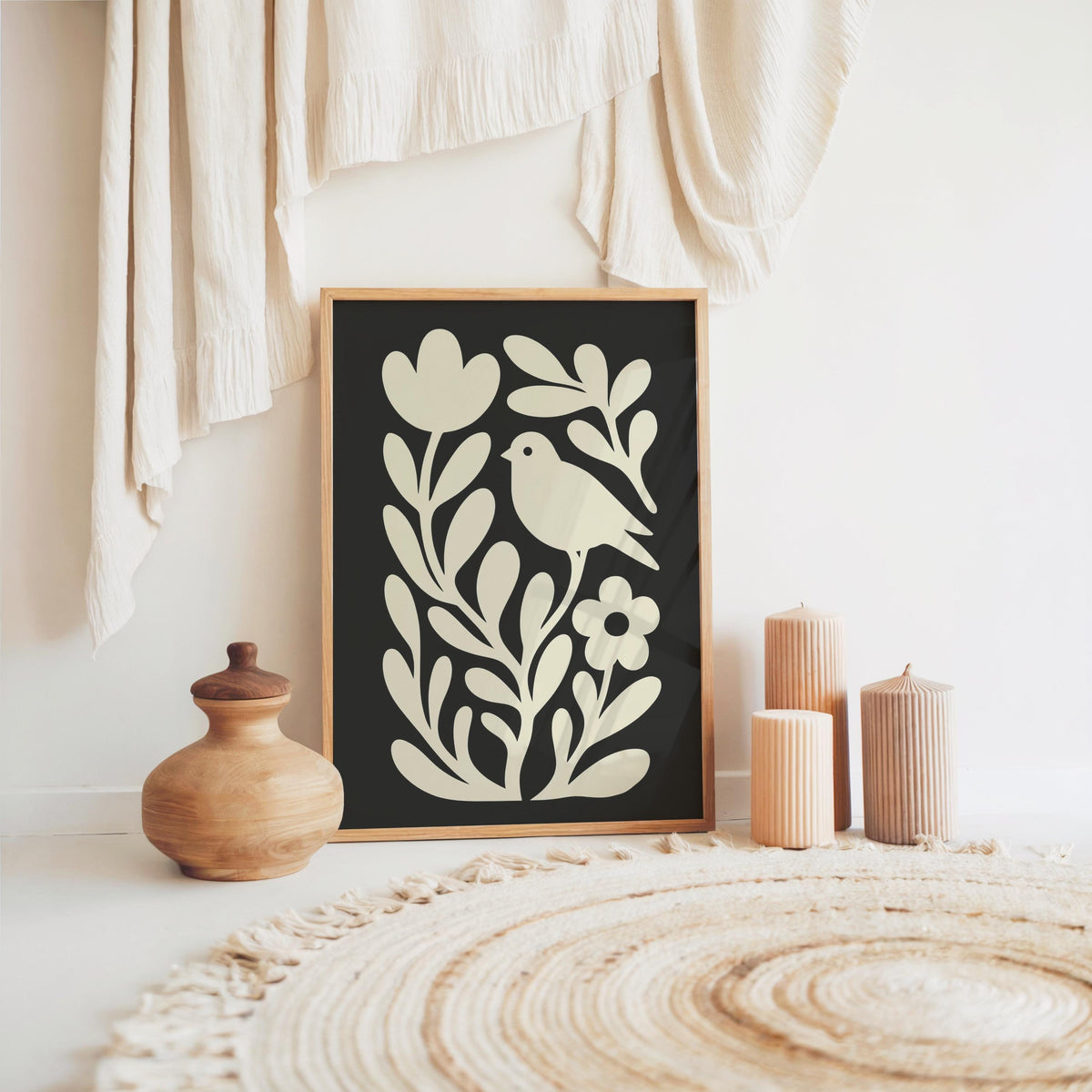 Moody Scandinavian Botanical Print, Beige Mid Century Wall Art, Floral & Birds Scandi Folk Art Decor, Organic Minimalist Illustration Motif