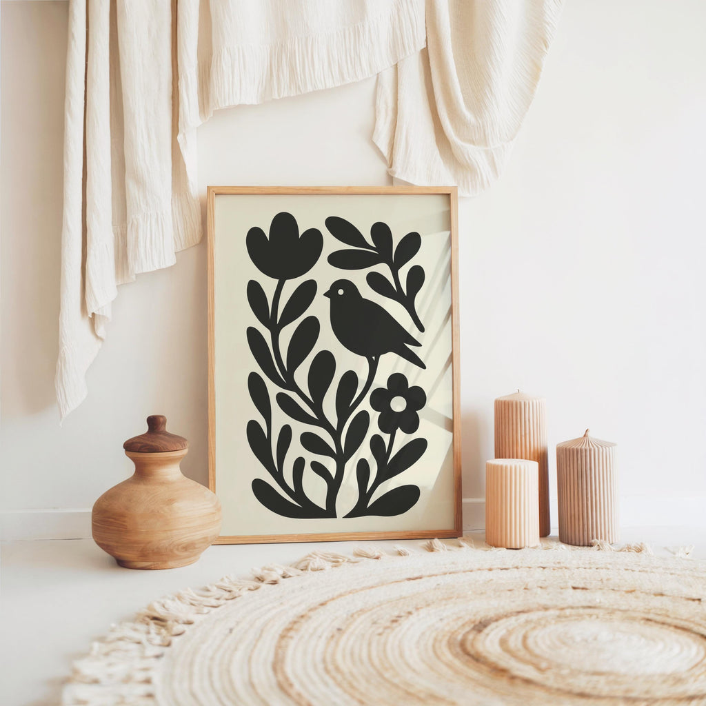 Moody Scandinavian Botanical Print, Beige Mid Century Wall Art, Floral & Birds Scandi Folk Art Decor, Organic Minimalist Illustration Motif