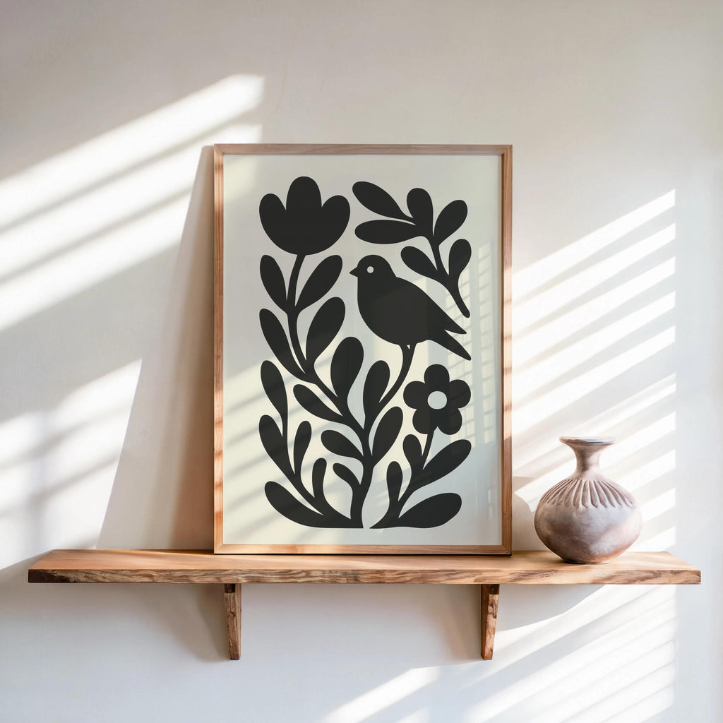 Moody Scandinavian Botanical Print, Beige Mid Century Wall Art, Floral & Birds Scandi Folk Art Decor, Organic Minimalist Illustration Motif