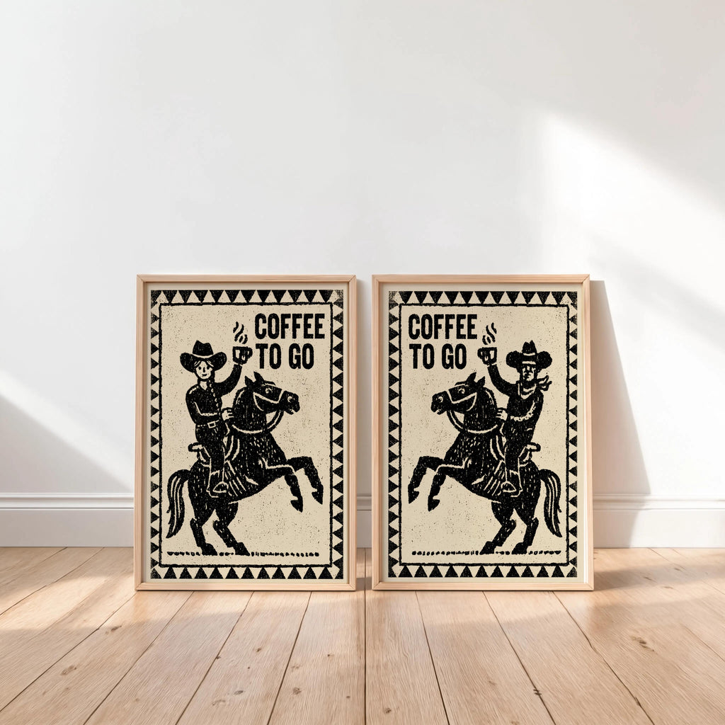 Cowboy & Cowgirl Coffee Set Print, Vintage Coffee Lover Wall Art, Funny Breakfast Kitchen Poster, Western Decor, Retro Horse Illustration