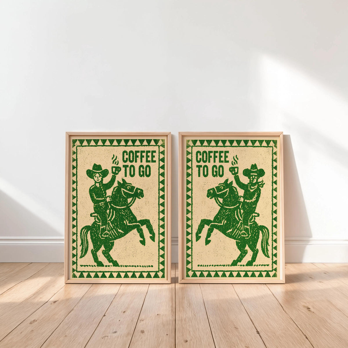 Cowboy & Cowgirl Coffee Set Print, Vintage Coffee Lover Wall Art, Funny Breakfast Kitchen Poster, Western Decor, Retro Horse Illustration