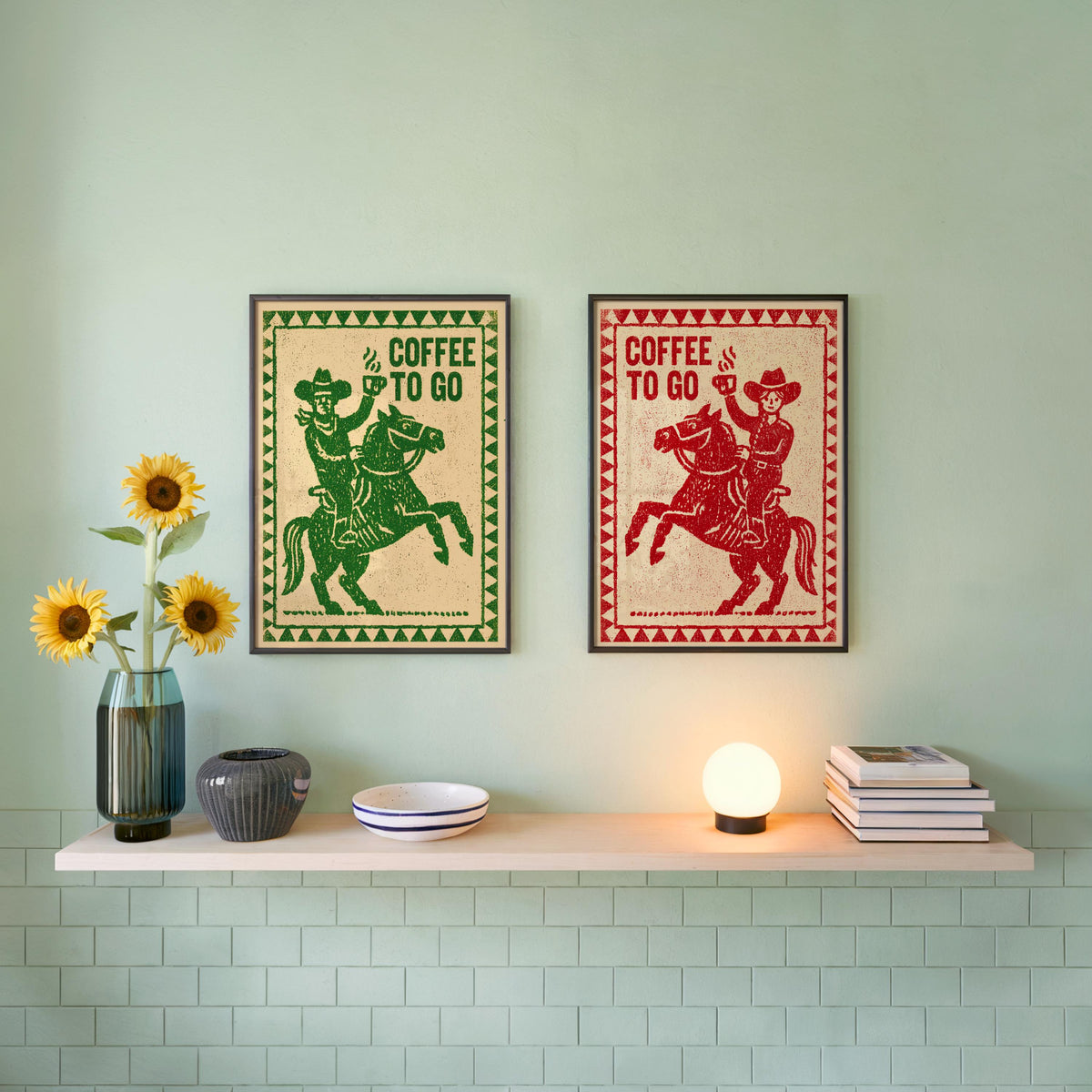 Cowboy & Cowgirl Coffee Set Print, Vintage Coffee Lover Wall Art, Funny Breakfast Kitchen Poster, Western Decor, Retro Horse Illustration