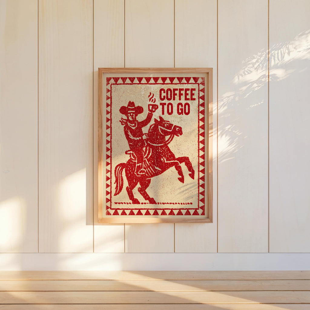 Cowboy & Cowgirl Coffee Set Print, Vintage Coffee Lover Wall Art, Funny Breakfast Kitchen Poster, Western Decor, Retro Horse Illustration