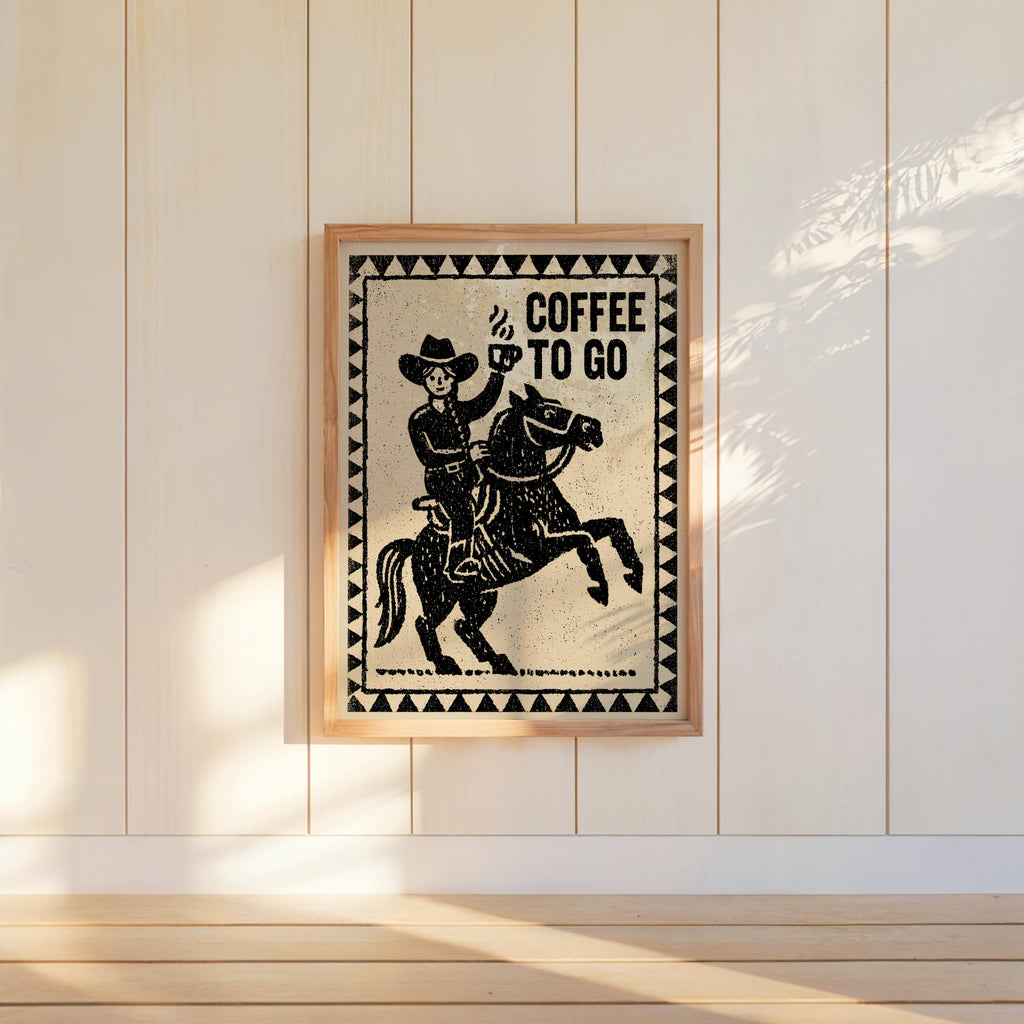 Cowboy & Cowgirl Coffee Set Print, Vintage Coffee Lover Wall Art, Funny Breakfast Kitchen Poster, Western Decor, Retro Horse Illustration