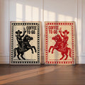 Cowboy & Cowgirl Coffee Set Print, Vintage Coffee Lover Wall Art, Funny Breakfast Kitchen Poster, Western Decor, Retro Horse Illustration