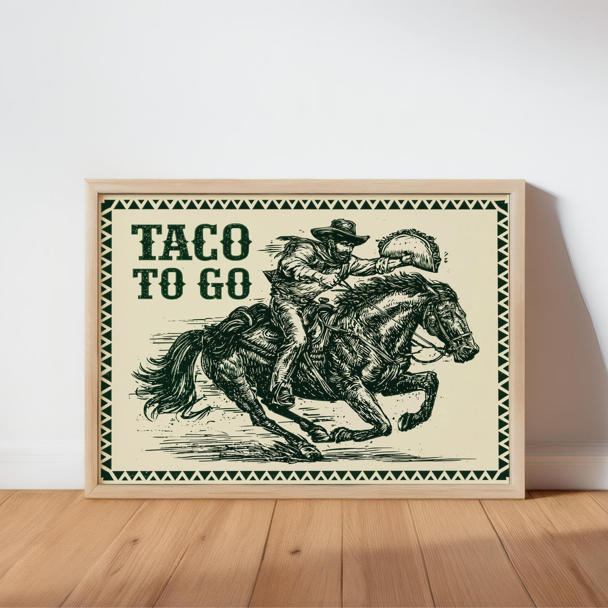 Forest green ink framed print, low angle on hardwood, retro western kitchen decor, funny cowboy kitchen wall art