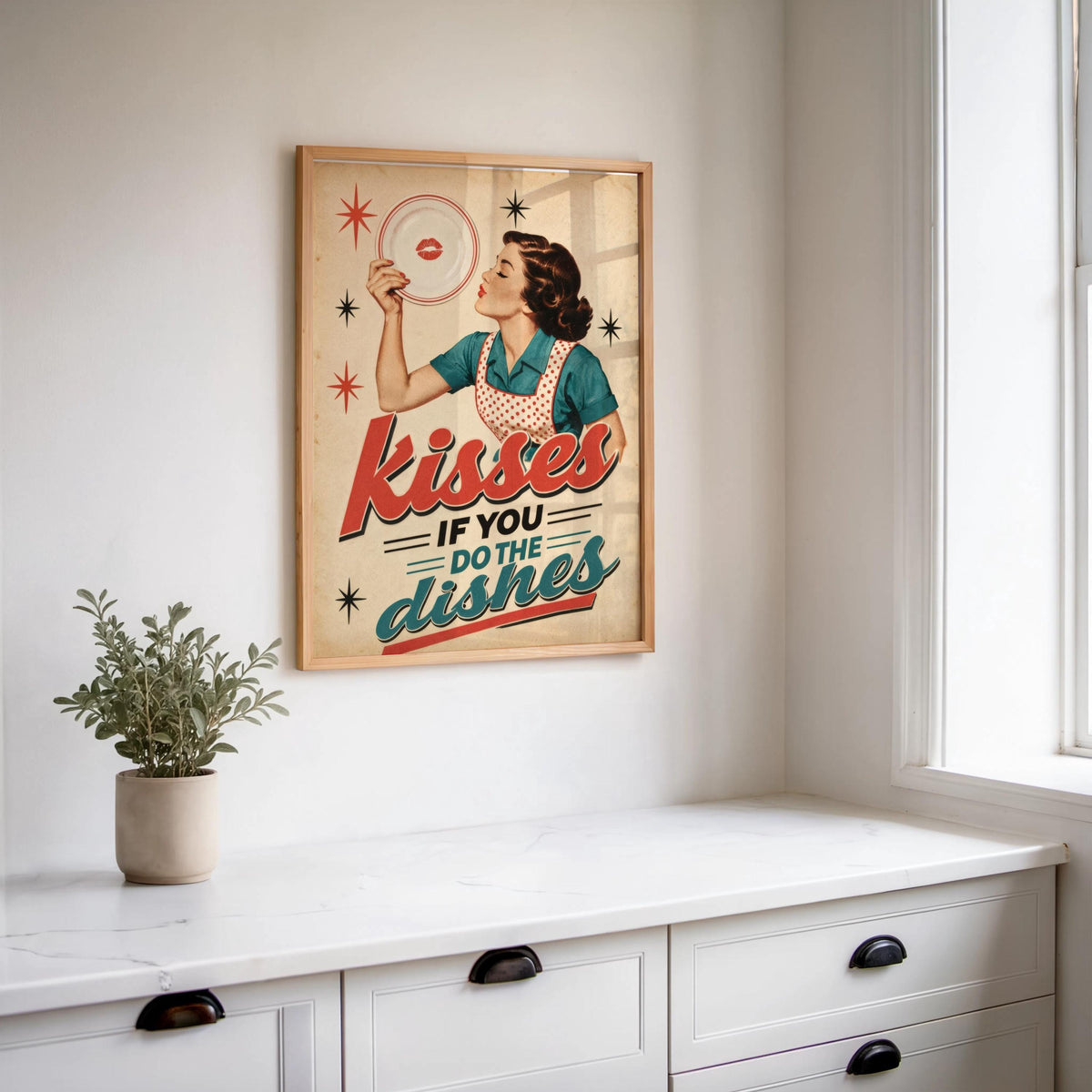 Kisses If You Do Dishes Print, Retro Kitchen Wall Art, Funny Diner Decor, Sassy Housewife Rules Poster, Quirky Typography Quote