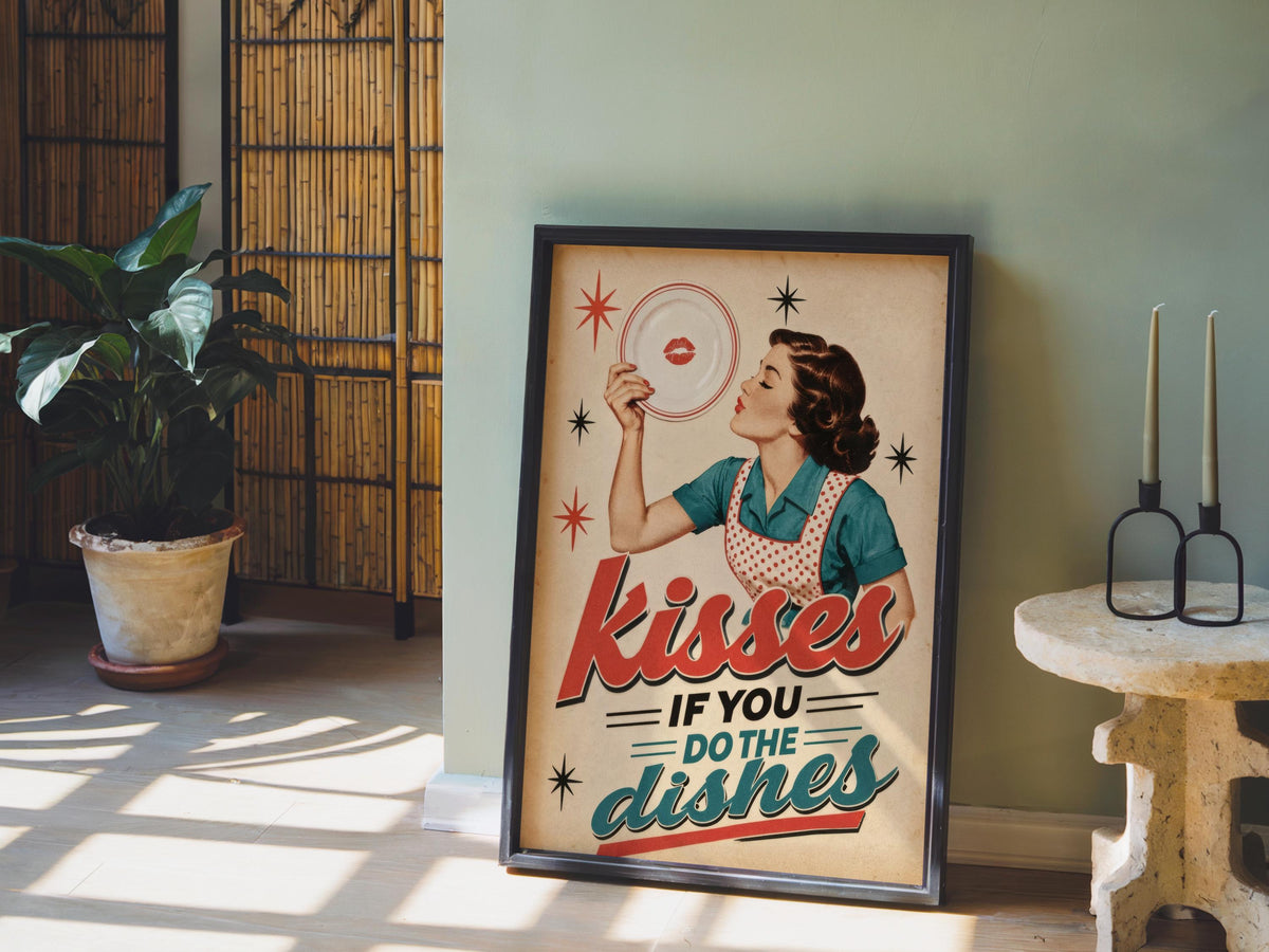 Kisses If You Do Dishes Print, Retro Kitchen Wall Art, Funny Diner Decor, Sassy Housewife Rules Poster, Quirky Typography Quote